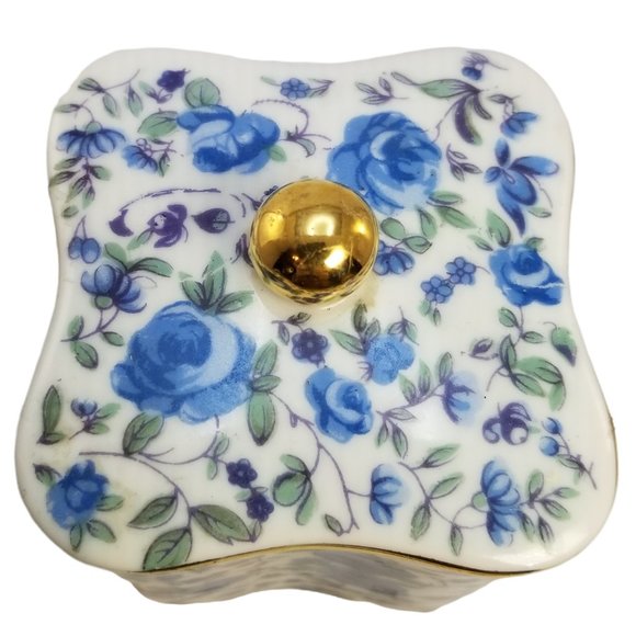 Blue Roses Porcelain Tea Box, Vintage Keepsake, Gold Trim Top Lid Trinket Jar - Picture 2 of 8